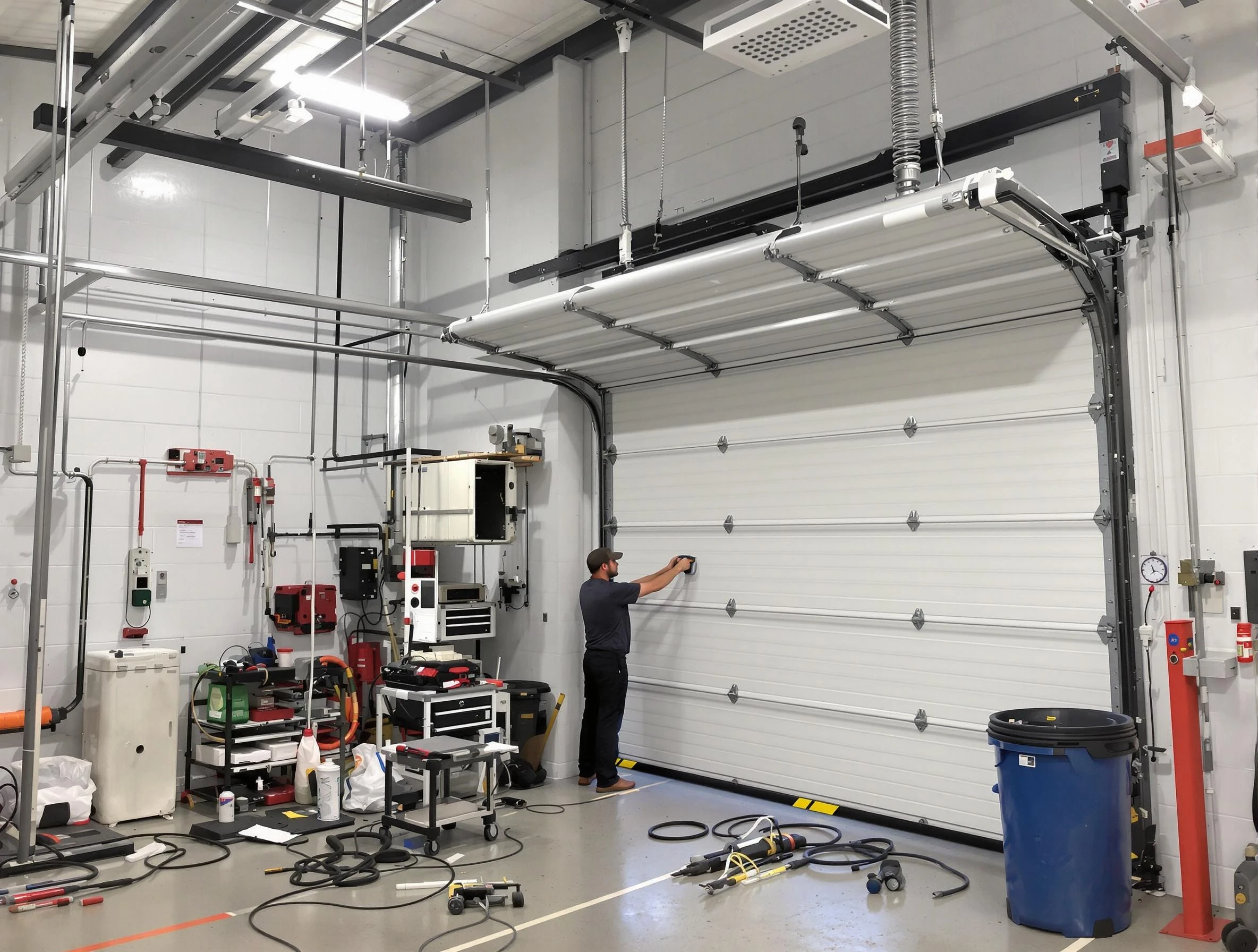 Geneva Garage Door Repair certified technician performing commercial door repair at a Geneva business facility