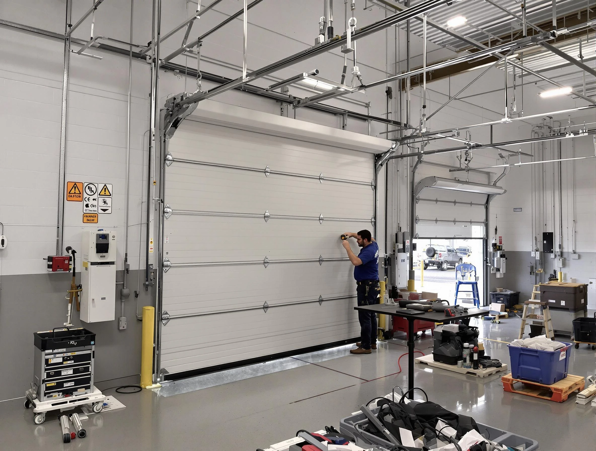 Commercial garage door repair being performed by Geneva Garage Door Repair expert in Geneva