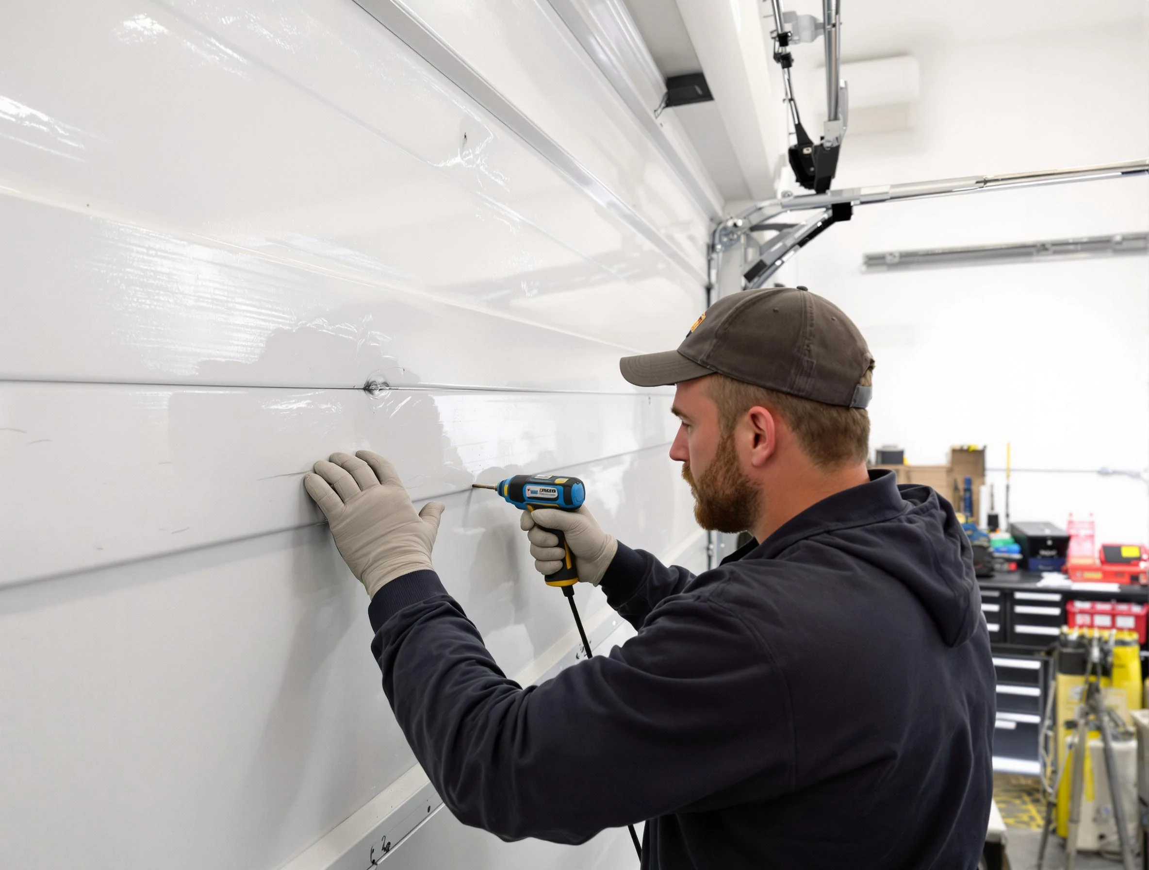 Geneva Garage Door Repair technician demonstrating precision dent removal techniques on a Geneva garage door