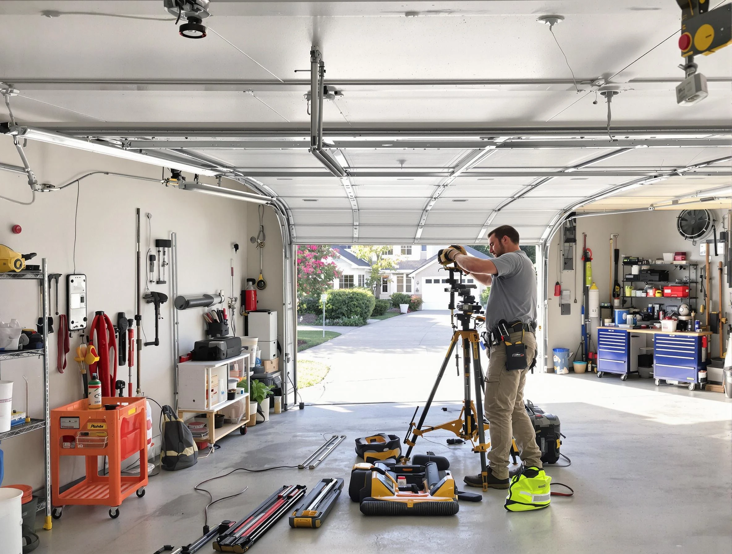Geneva Garage Door Repair specialist performing laser-guided track alignment in Geneva